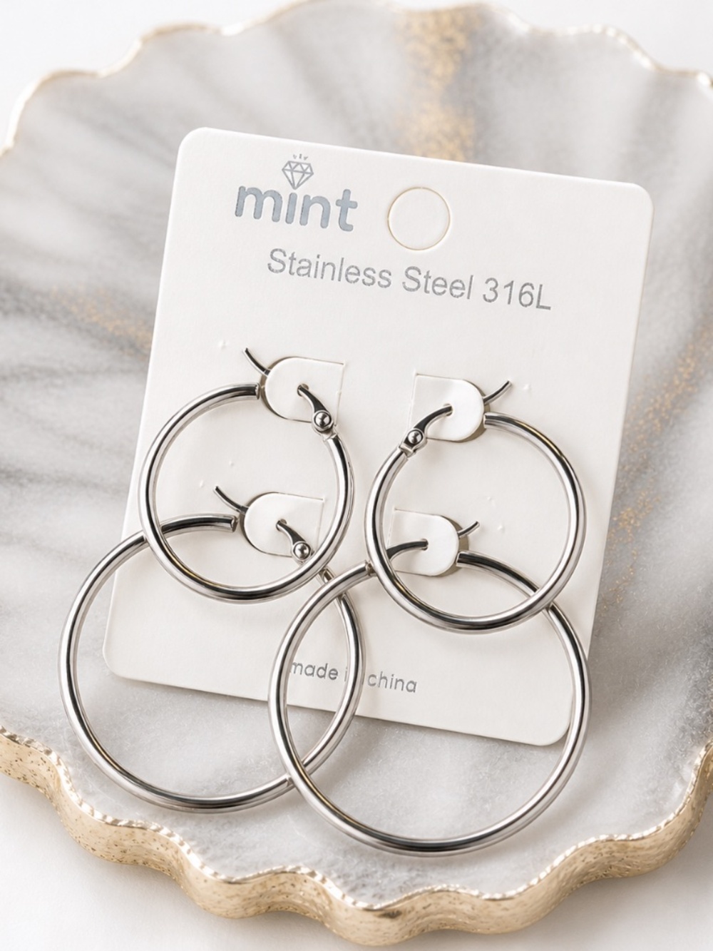 Silver Hoop Earrings Set Stainless Steel 316L 1” & 1.5” Minimalist NWT